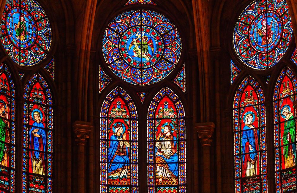 Jesus Christ Mary Angels stained glass-Notre Dame Cathedral-Paris-France